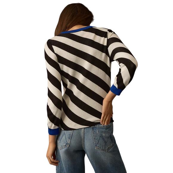 Anthropologie Maeve Black White Striped Pullover Blue Trim Sweater - Picture 3 of 11